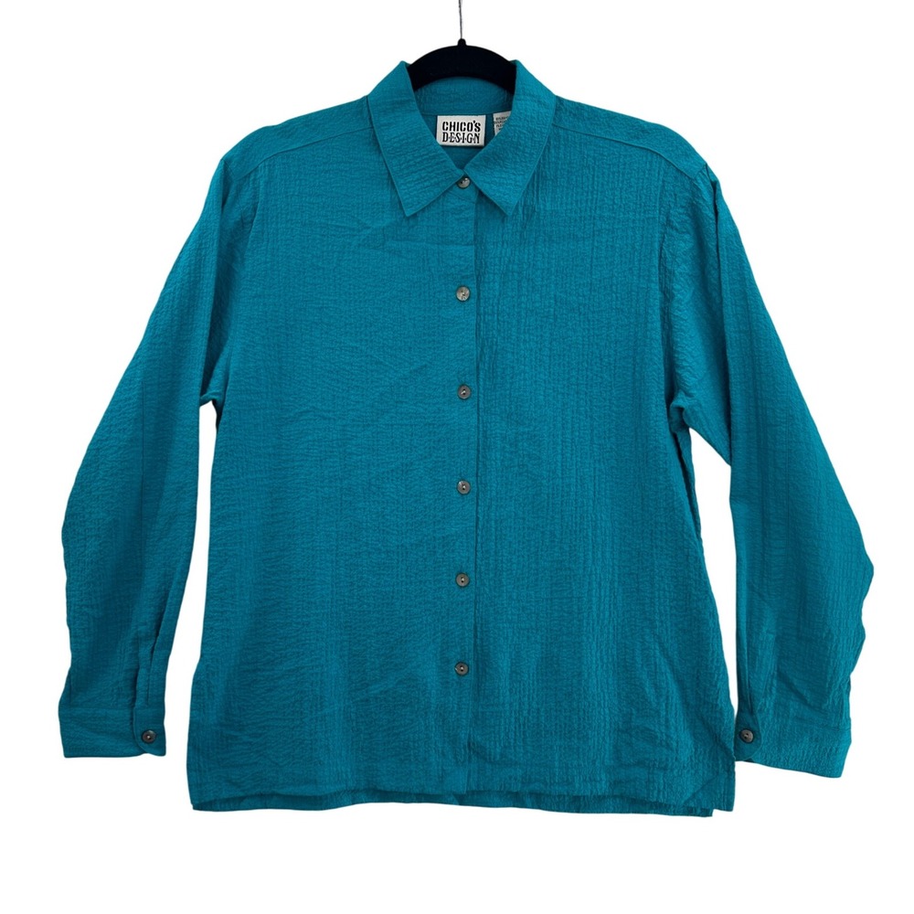 Chico's‎ Design Teal Button Down Textured Long Sleeve Top Blouse Size 0